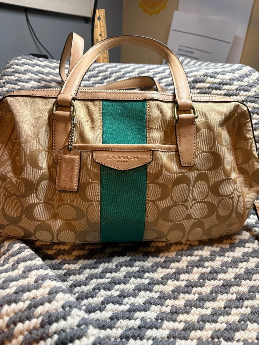 VCG Coach Tan Signature Nancy Satchel Bag with Teal Stripe